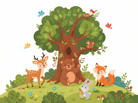 Cute forest animals gathered around a large tree in a whimsical woodland scene.