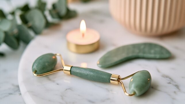 Green jade facial roller and gua sha tool