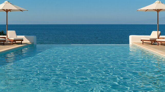 Luxury infinity pool overlooking ocean with lounge chairs
