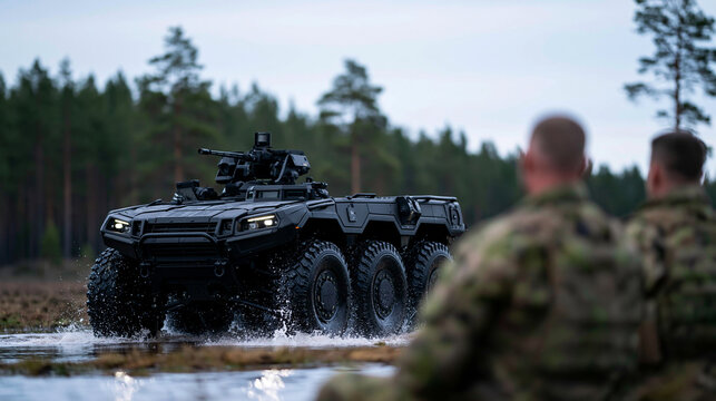 Wide-angle photographic shot from behind two military operators watching a sleek multi-wheeled UGV cross a water obstacle. Surrounded by pine forest terrain on an international mil