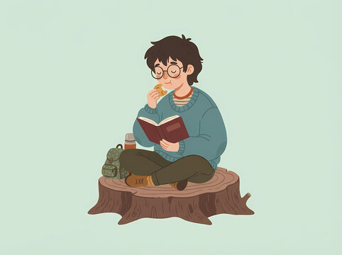 A young boy with glasses sitting on a tree stump reading a book and eating.