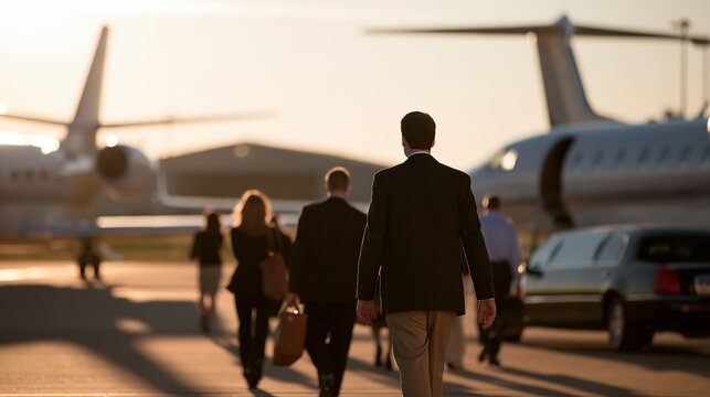 Business people walk towards private jets on airport