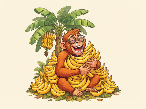 A joyful monkey wearing glasses hugging a large pile of ripe yellow bananas.