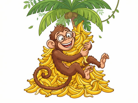 A happy cartoon monkey wearing glasses sitting on a large pile of yellow bananas.