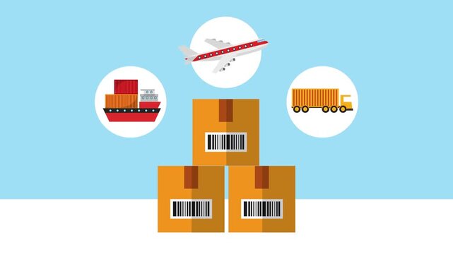 Animated logistic boxes with transport vehicles and barcode icons on blue background motion.