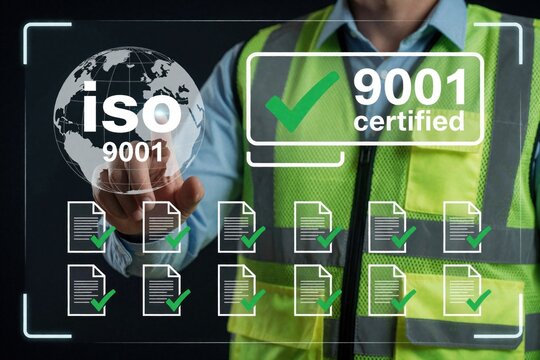 Man in safety vest touches screen showing ISO 9001 certified badge and global quality standard documents. Business achieves international quality assurance and management compliance.