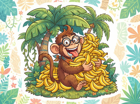 A happy cartoon monkey wearing glasses hugging a large pile of fresh yellow bananas.