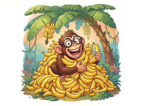 A joyful cartoon monkey wearing glasses sitting inside a massive pile of ripe yellow bananas.