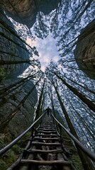 Naklejka premium Hiker ascending wooden ladder up rocky mountain cliff