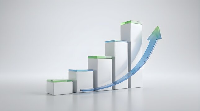 3D glass bar chart graph showing business growth and financial success with rising blue upward arrow on white background