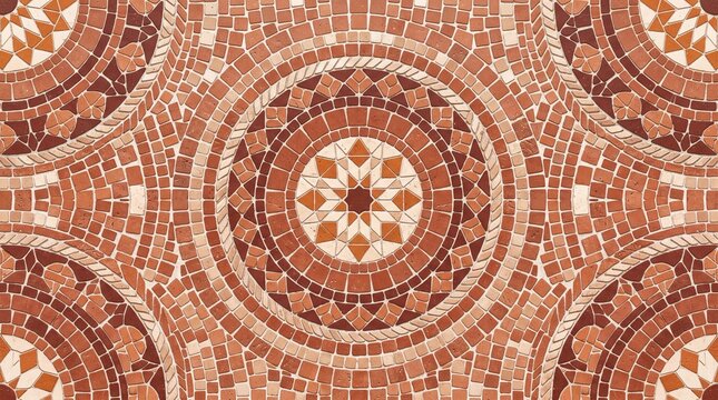 Terracotta mosaic tile pattern, intricate stone mandala floor design, mediterranean ceramic tile background with geometric circular motifs