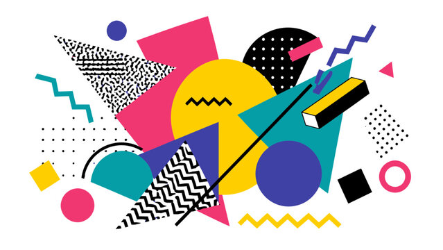 Abstract Memphis Style Geometric Shapes Pattern with Vibrant Colors and Retro Vibe for Creative Graphic Design Backgrounds