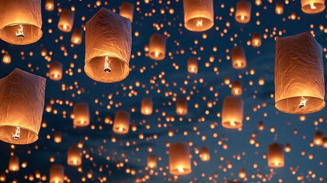 Glowing paper lanterns floating in dark night sky
