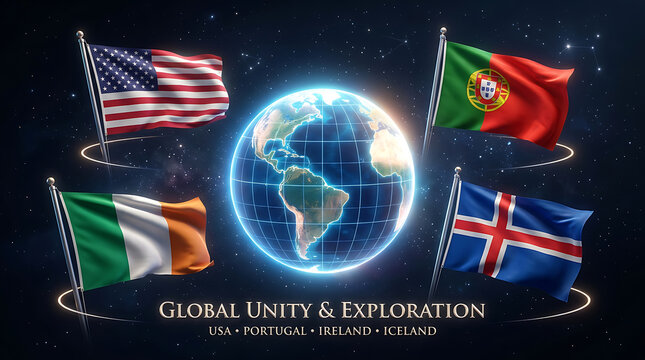 Flags of countries surrounding globe with earth background