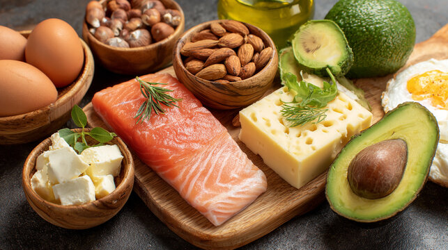 Healthy ketogenic diet ingredients with salmon cheese eggs and avocado ketogenic nutrition.