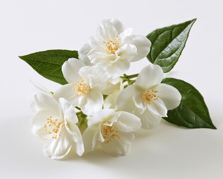White jasmine flowers with green leaves on white