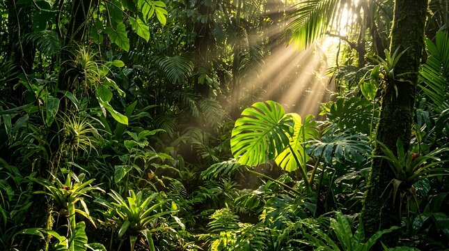 Sunlight filtering through dense tropical rainforest foliage.