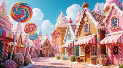 Naklejka premium A whimsical candy land street lined with gingerbread houses decorated with frosting and candy. Giant lollipops and ice cream cones adorn the scene under a bright blue sky with fluffy clouds.