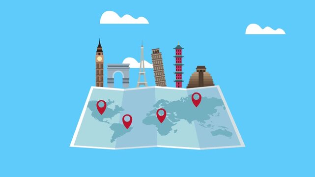 Animated travel map with world monuments icons and location pins on blue background.