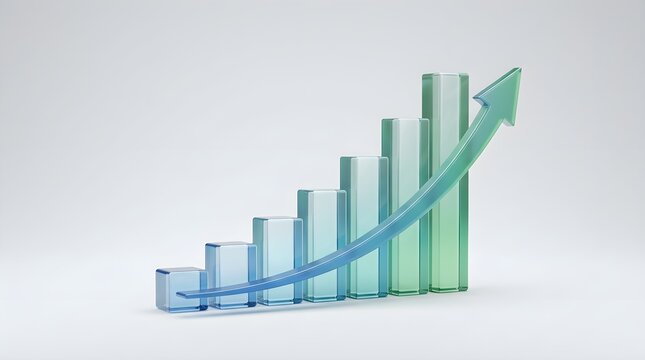 3D glass bar chart graph showing business growth and success with rising green upward arrow on clean background