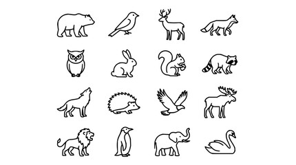 Fototapeta premium Animal icons set with minimalist outline featuring bear, bird, deer, fox with owl, rabbit, squirrel and raccoon