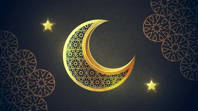 Ramadan kareem animation with golden crescent moon and shining stars on dark islamic pattern background.