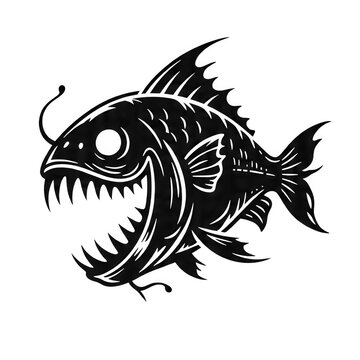 Aggressive zombie piranha fish monster vector logo illustration with sharp teeth isolated on a clean white transparent background.