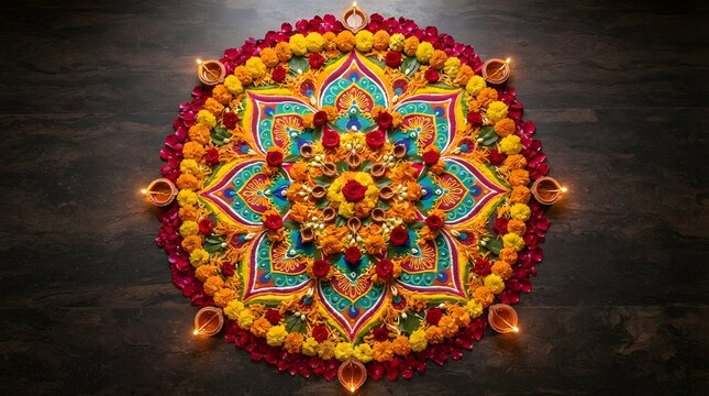 Beautiful floral rangoli design with colorful flower petals and lit diyas for diwali festival celebration on wooden background