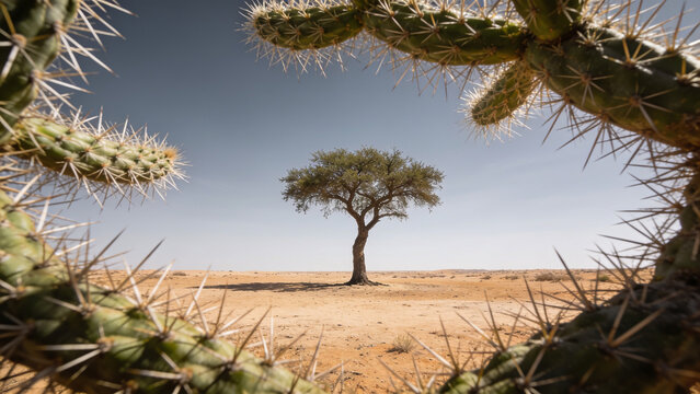 Lone acacia tree stands tall within desert landscape framed by sharp green prickly cactus plant branches