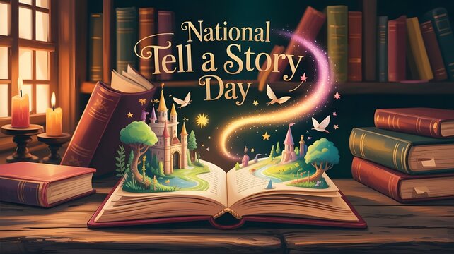 National Tell a Story Day whimsical storybook illustration featuring fantasy landscapes glowing pages and books celebrating literature imagination and storytelling