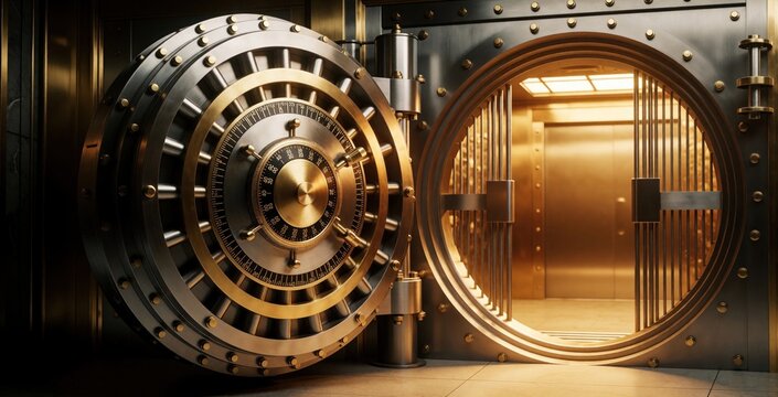 Massive vault door stands open, revealing safe interior. Bank security system, strongbox, metal safe with combination lock, financial protection, wealth storage.