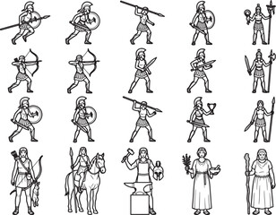 Obraz premium Ancient warrior women, diverse poses and weaponry, depicted in a vintage illustration style, representing strength and historical culture.