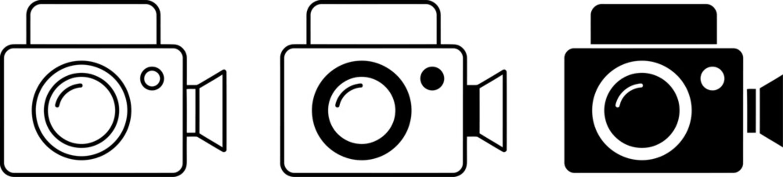 Set of three video camera icons in outline and solid styles for media and film design.