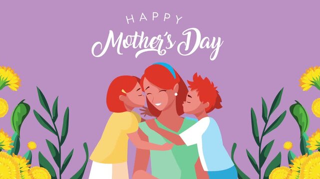 Happy mothers day animation with daughter and son kissing mother and floral garden background for holiday greeting card.