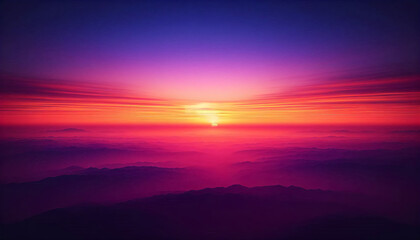 Fototapeta premium Beautiful Pink Purple Sunset Horizon with Bright Golden Sun and Soft Color Gradient Sky Over a Minimal Mountain Landscape, Dreamy Scenic Background for Creative Projects