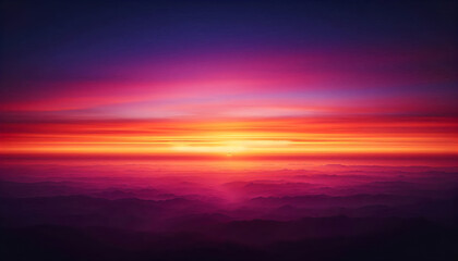 Fototapeta premium Dreamy Blurred Sunset Landscape with Glowing Orange Sun, Purple Pink Sky and Dark Mountain Silhouettes, Atmospheric Nature Background for Travel, Meditation and Wallpaper