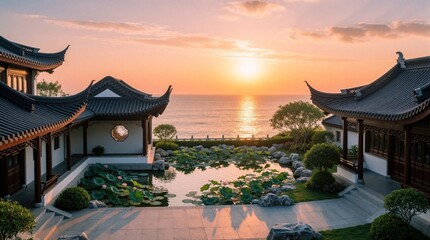 Fototapeta premium Traditional Asian courtyard house with lily pond at sunset. Beautiful architecture features tile roofs, stone paths. Calm water with lotus plants reflects golden sun light. Scenic ocean view from