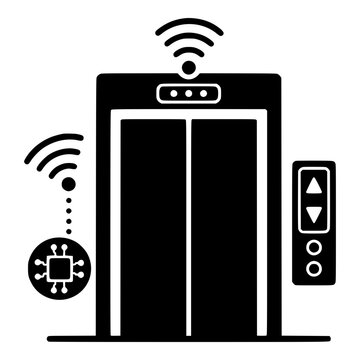 Smart Elevator with Wireless Signal and Microchip, Black Vector Silhouette for Smart Building Automation and IoT Projects