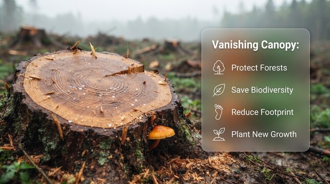 Tree stump in a deforested landscape with environmental conservation infographic text overlay about protecting forests and biodiversity forest destruction climate change cut tree save nature