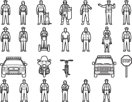 A collection of police officer icons, featuring different ranks, equipment, and vehicles, presented in a clear and organized graphic style.