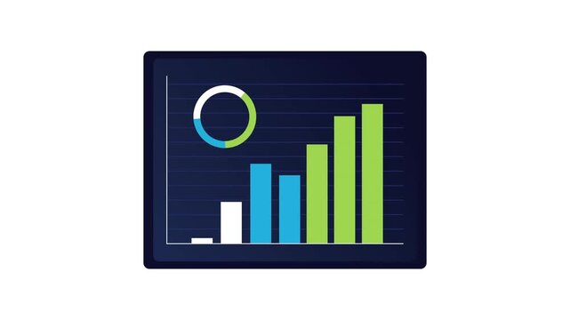 Analytics dashboard displaying growth charts and data visualization with dynamic bars and pie graph.