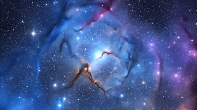 A luminous blue ring-shaped nebula surrounded by dark filaments and distant stars