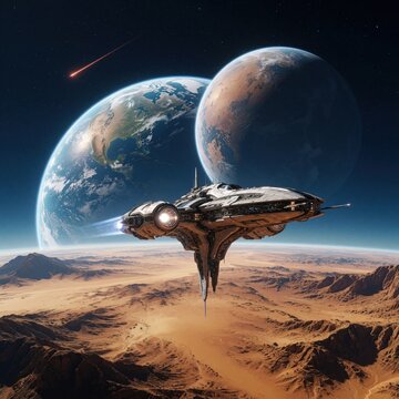 Futuristic spaceship flies over desert planet surface. Large planets orbit in deep space. Red meteor falls through dark cosmos. Sci-fi landscape shows rocky mountains, sand dunes under starry sky.