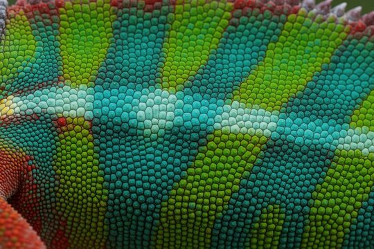 Macro view of colorful chameleon skin texture. Bright green, blue, red scales create pattern on reptile body. Exotic animal skin background shows detailed bumpy surface of lizard. Close up pattern