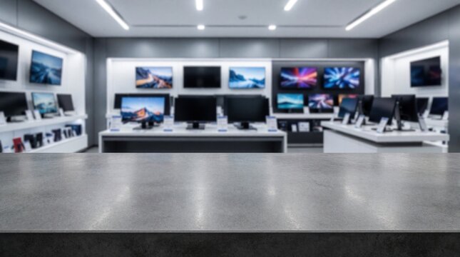 Blank gray stone counter in foreground. Blurred electronics store background with many computer screens, monitors, TVs on display shelves. Modern retail shop interior with bright lights. Empty