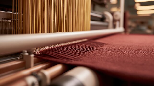 Red textile fabric weaving on industrial loom machine