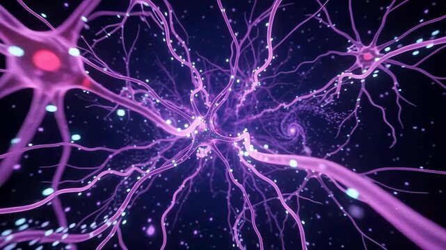 Abstract 3D animation of active neurons firing electrical impulses through a neural network in the human brain video footage.