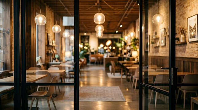 View through a glass door into a warm and cozy modern restaurant interior