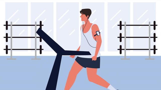 Male athlete training on treadmill at gym using smartphone and headphones for music in cartoon animation.