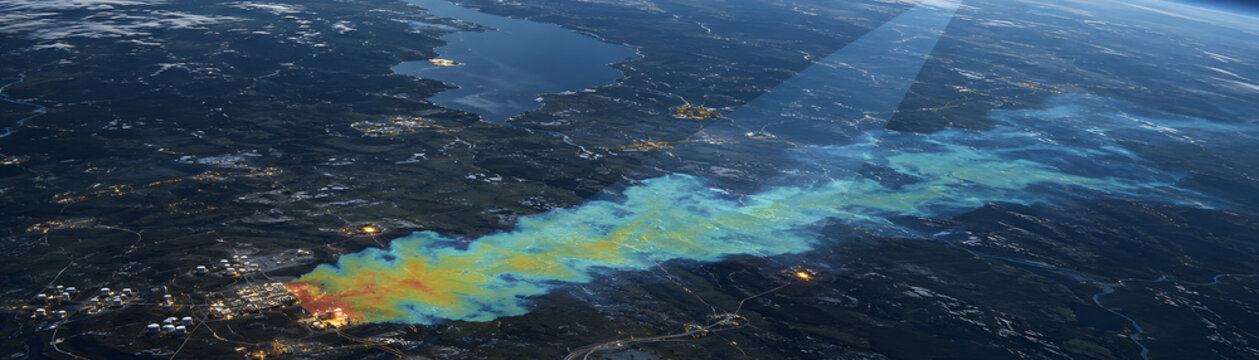 Aerial view of landscape showing methane emissions, with colorful visualization indicating gas dispersion. scene captures environmental impact